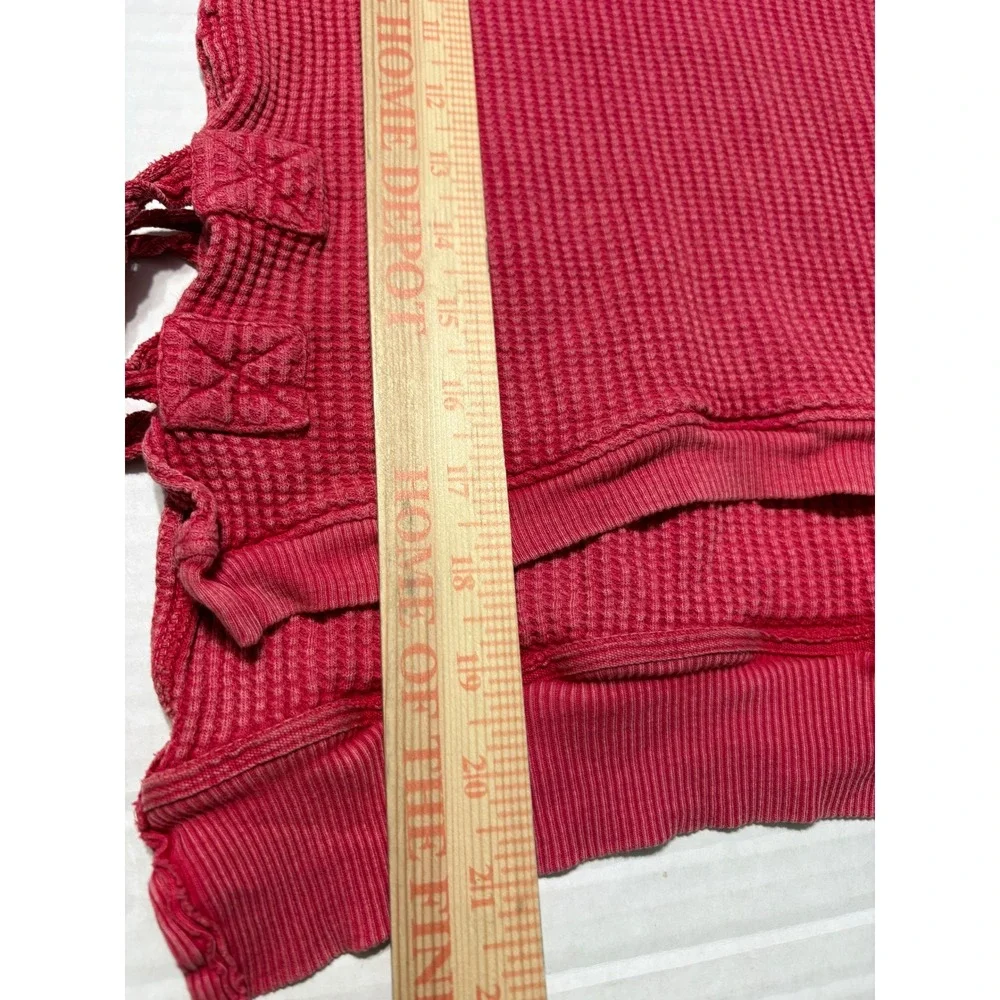 Free People FP One Interlaken Thermal Top Red Waffle Knit Lace Up Side Tassel XS